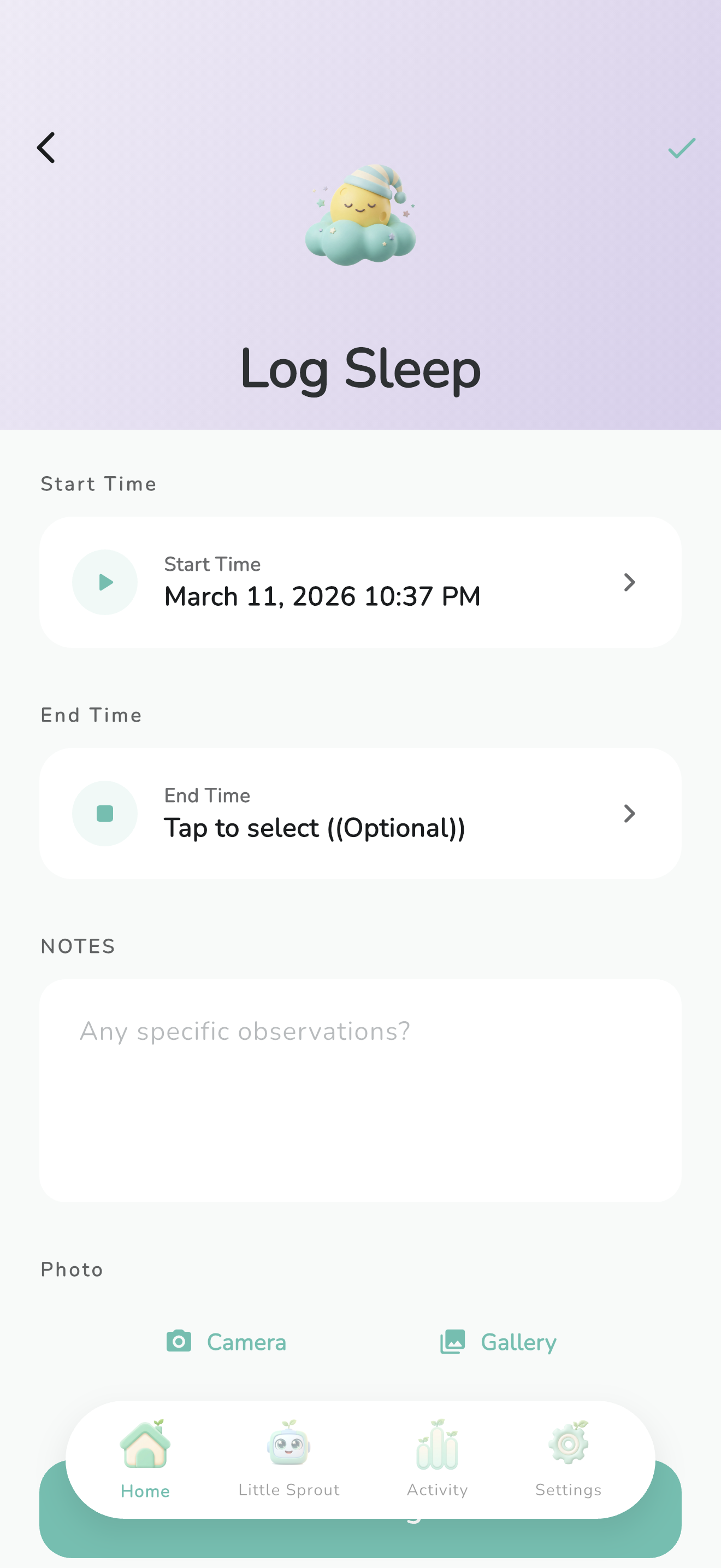 Log sleep screen